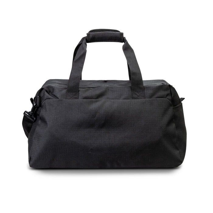 Oceana Recycled Duffle Bag - A black recycled duffle bag featuring sturdy handles and a zipper closure, with a logo on the side.