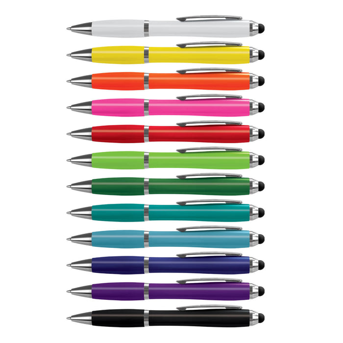 Vistro Stylus Pen - Colour Match - A collection of stylus pens in various colours, including white, yellow, orange, pink, green, blue, and black, with silver accents.