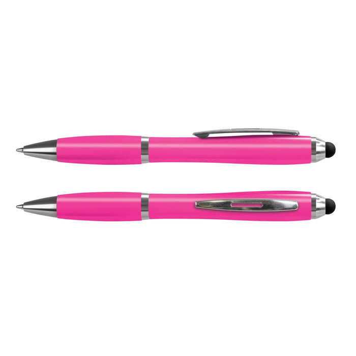 Vistro Stylus Pen - Colour Match - A pink stylus pen with a shiny silver clip and detailing, featuring a dual-tip design.