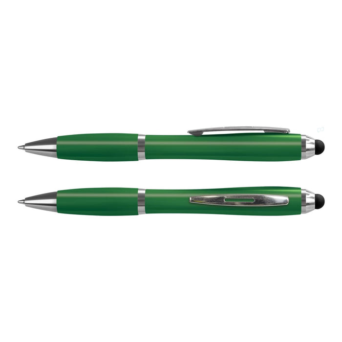 Vistro Stylus Pen - Colour Match - A green stylus pen with silver accents, featuring both a ballpoint and a touch screen end, alongside another similar pen.