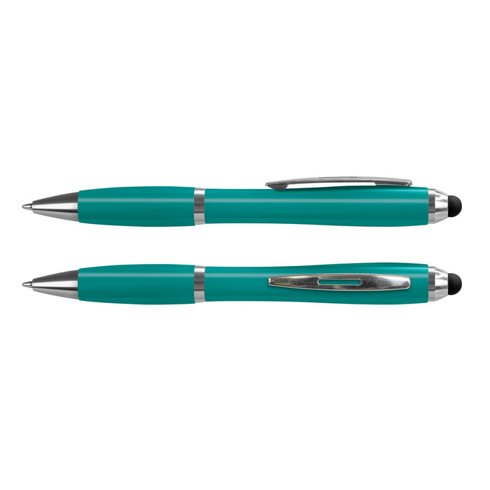 Vistro Stylus Pen - Colour Match - A stylus pen in a vibrant teal colour, featuring a sleek design and a silver clip. It has a logo on the body.
