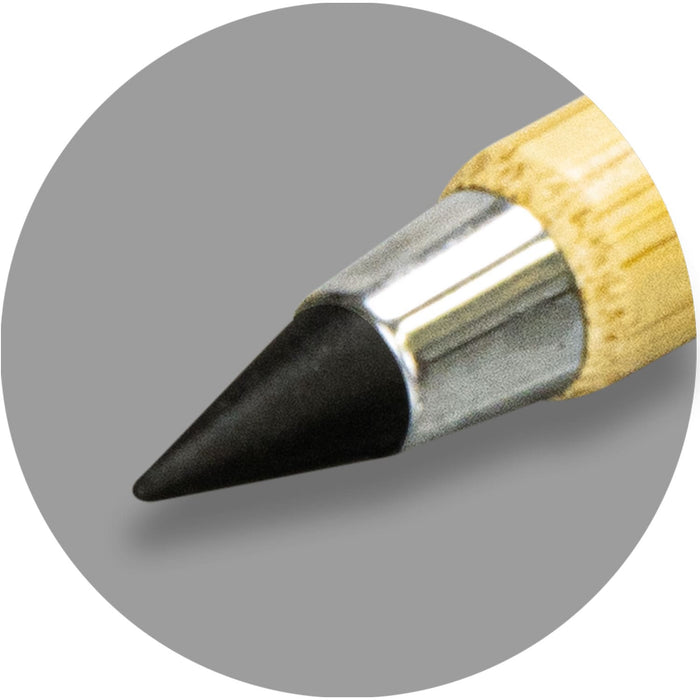 Infinity Inkless Bamboo Pen - A bamboo pen with a silver tip and a black writing point, set against a grey circular background.