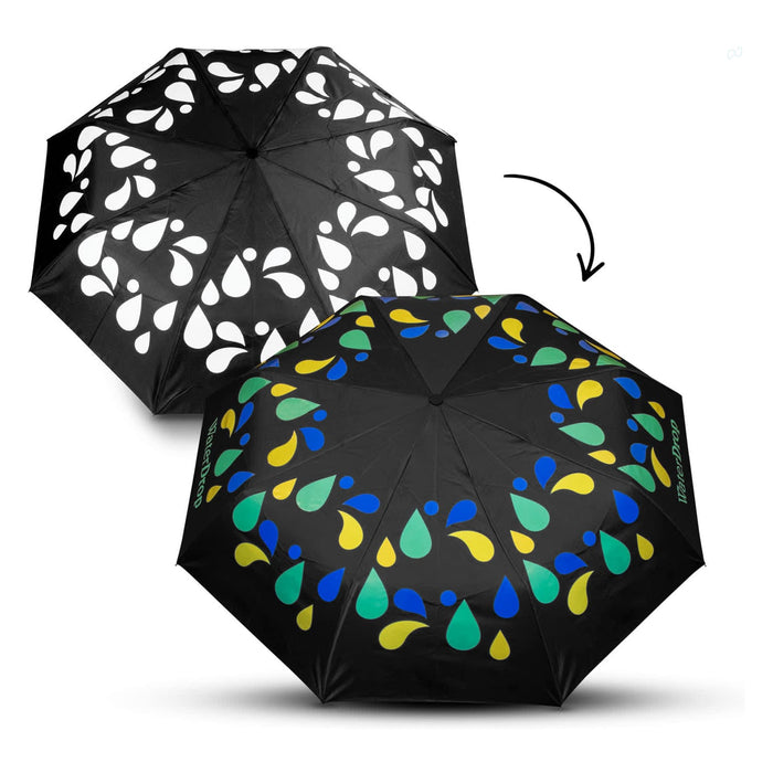 Colour Changing Compact Umbrella - A black compact umbrella featuring colourful raindrop patterns in green, blue, and yellow, with a logo.