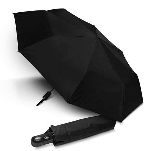 Colour Changing Compact Umbrella - A black compact umbrella displayed open, with a matching black cover beside it. The umbrella has a logo on the handle.