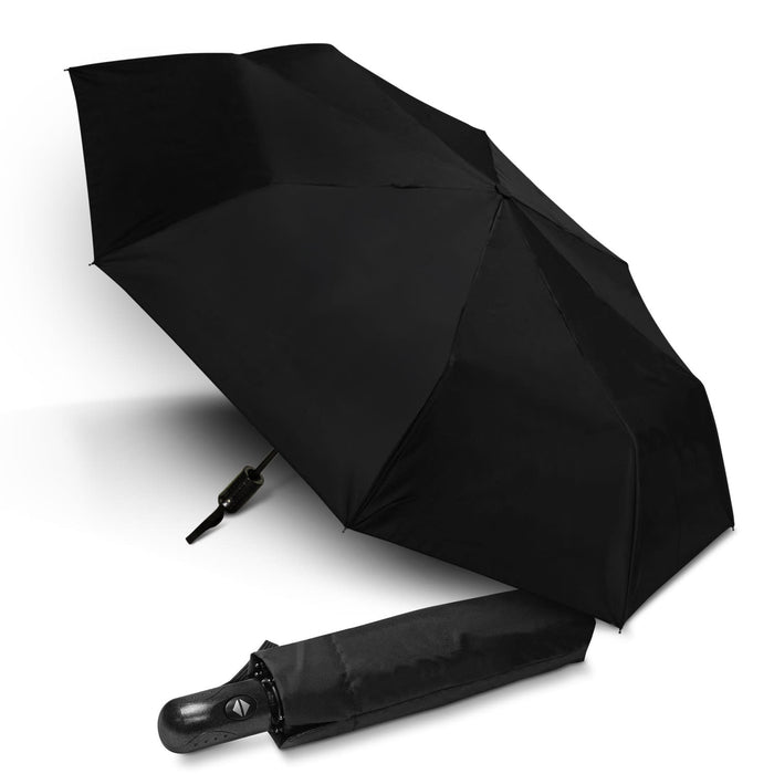 Colour Changing Compact Umbrella - A black compact umbrella displayed open, with a matching black cover beside it. The umbrella has a logo on the handle.