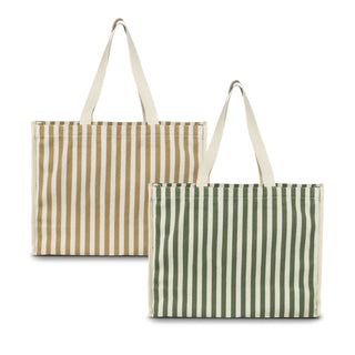 Keepsake Beach Tote Bag - A striped beach tote bag in brown and cream, and a green and cream design. Each bag features sturdy handles and a logo.