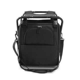 Vermont Cooler Seat - A black cooler seat with a zippered front pocket and adjustable shoulder strap, featuring a sturdy handle.