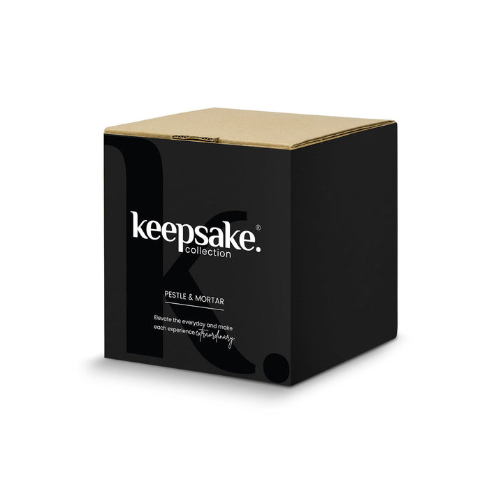 Keepsake Mortar & Pestle - A black box featuring the Keepsake Collection logo, containing a mortar and pestle set. The design is sleek and modern.