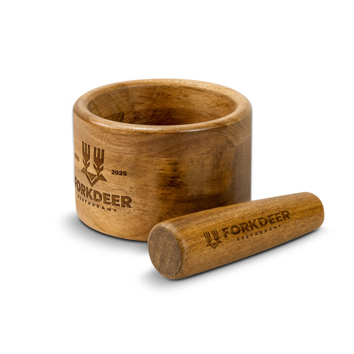 Keepsake Mortar & Pestle - A wooden mortar and pestle set with a natural finish and an engraved logo.