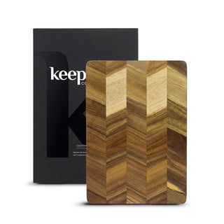 Keepsake Chopping Board - A wooden chopping board with a chevron pattern, packaged in a branded box.