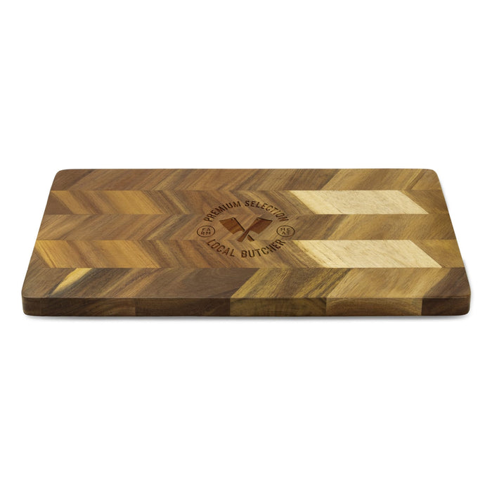 Keepsake Chopping Board - A wooden chopping board with a chevron pattern and a logo engraved on its surface.