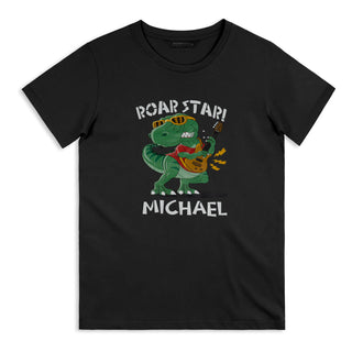 TRENDSWEAR Original Adult T-Shirt - DigiFlex Transfer - A black adult t-shirt featuring a dinosaur playing guitar with sunglasses and a graphic design.