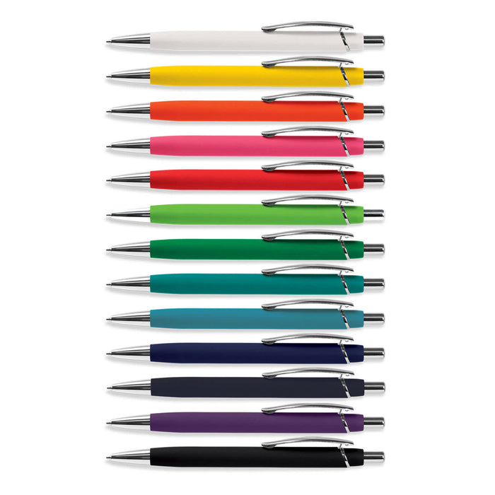 Centurion Soft-Touch Pen - A collection of multicoloured soft-touch pens arranged in a grid, featuring silver accents and a logo.