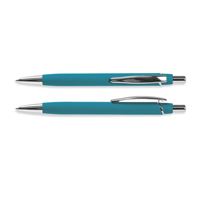 Centurion Soft-Touch Pen - A soft-touch pen in teal with chrome accents, featuring a sleek design and a metallic clip.