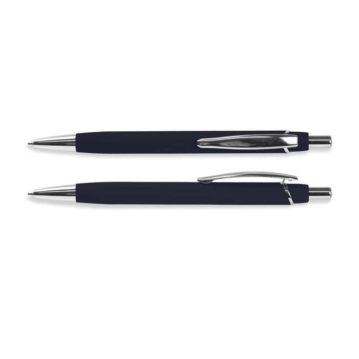 Centurion Soft-Touch Pen - A soft-touch pen in navy blue with chrome accents and a sleek design, featuring a clip and a logo.