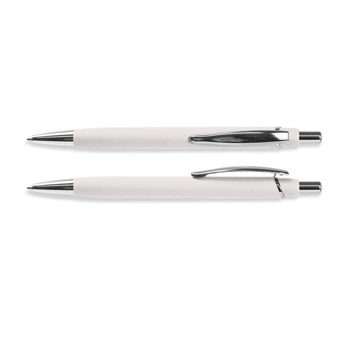 Centurion Soft-Touch Pen - A pair of white soft-touch pens with chrome accents, featuring a logo on their body.