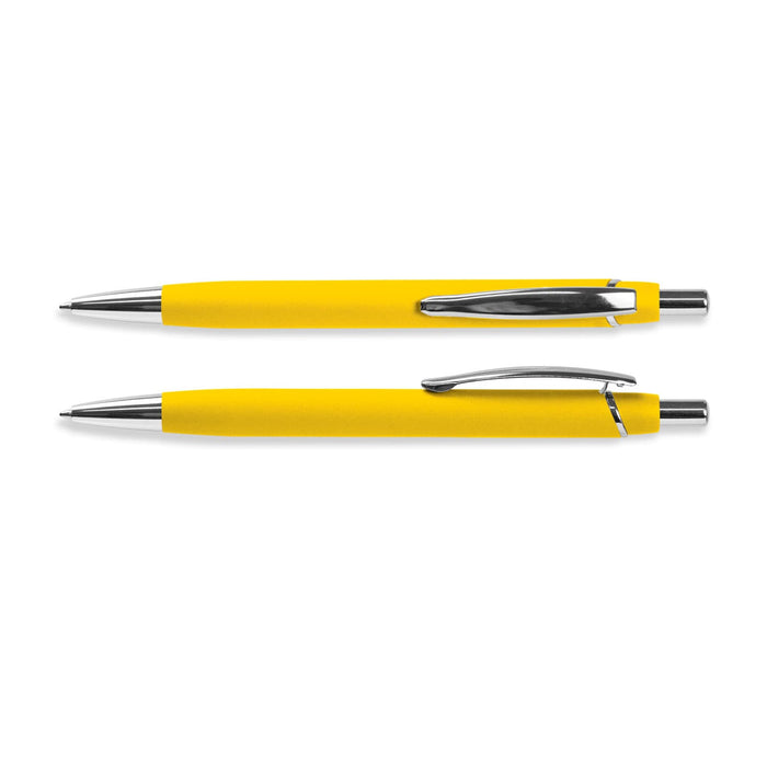 Centurion Soft-Touch Pen - A yellow soft-touch pen with a chrome clip, featuring a smooth, sleek design. Two pens are displayed side by side.