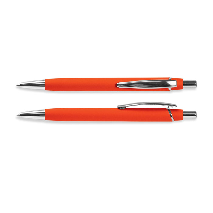 Centurion Soft-Touch Pen - An orange Centurion Soft-Touch Pen with a chrome clip and accents, shown from two angles.