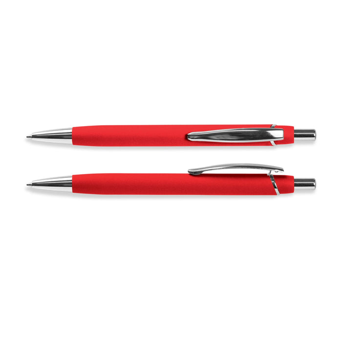Centurion Soft-Touch Pen - A red soft-touch pen with chrome accents and a branded logo on the barrel.