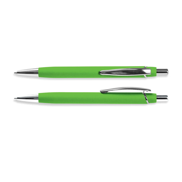 Centurion Soft-Touch Pen - A green soft-touch pen with chrome accents and a clip, featuring a sleek design and branding.