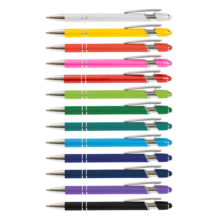 Prime Stylus Pen - A set of stylus pens in various colours, including white, red, pink, green, blue, and black, featuring silver accents.