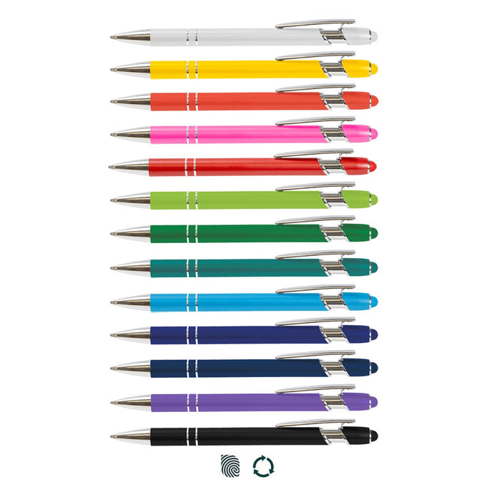Prime Stylus Pen - A collection of stylus pens in various colours, featuring a sleek design and chrome accents, with a logo present.