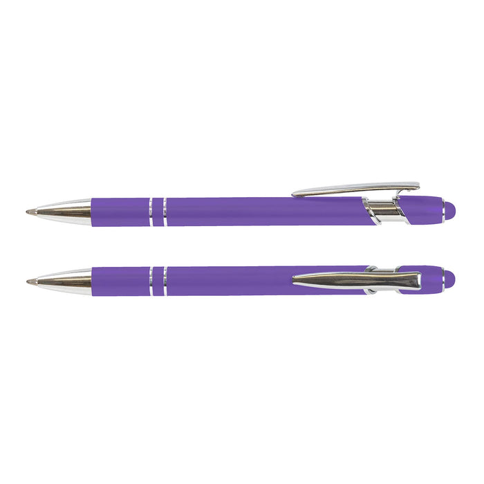 Prime Stylus Pen - A purple stylus pen with a silver clip and accents, featuring a shiny finish and a stylus tip.