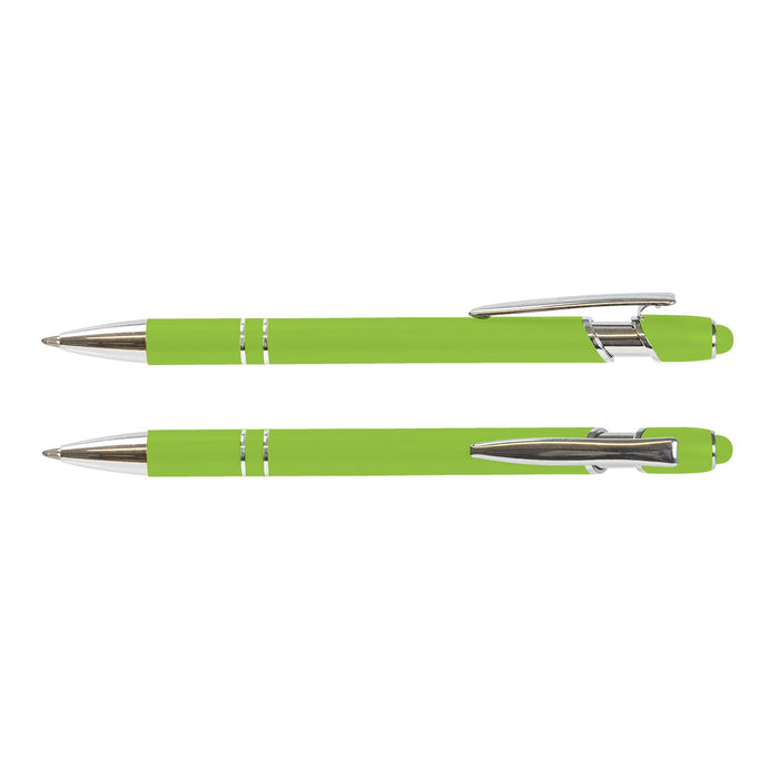 Prime Stylus Pen - A green stylus pen with a shiny silver clip and accents, showcasing a sleek design and a logo.