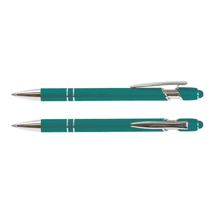 Prime Stylus Pen - A teal stylus pen with silver accents, featuring a click mechanism and a removable cap. It has a branding logo.