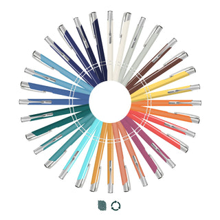 Panama Palette Pen - A circular arrangement of colourful Panama Palette Pens in various shades, featuring silver accents and a logo.