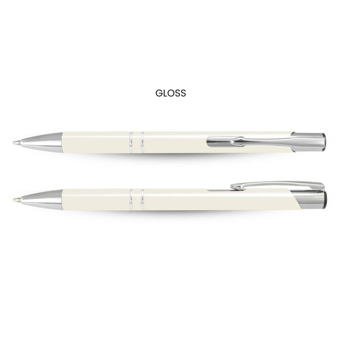 Panama Palette Pen - A cream-coloured pen with a shiny finish and silver accents, featuring a logo on its body.