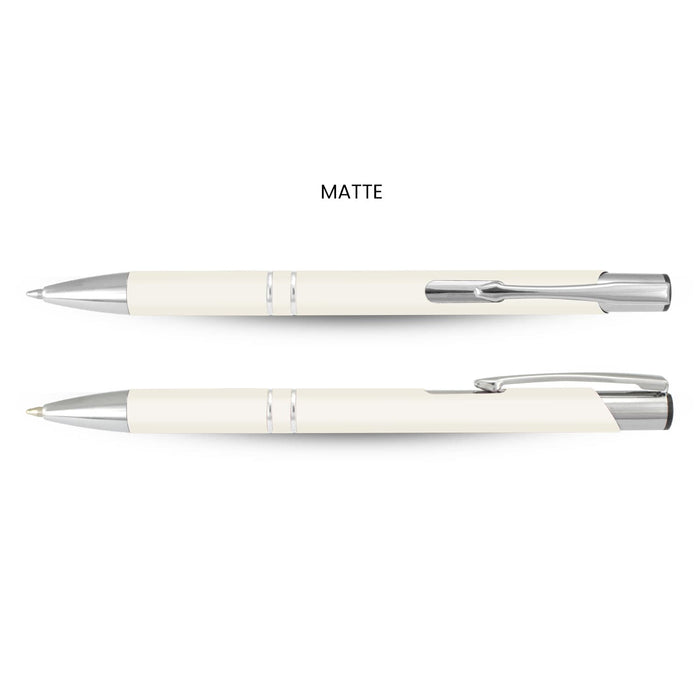 Panama Palette Pen - A matte white pen with silver accents, featuring a sleek design and a clip for attachment.