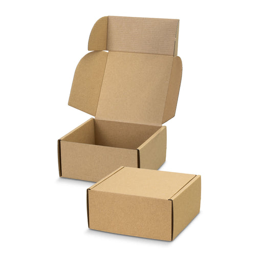 Die Cut Box with Locking Lid - 130x130x65mm - A die cut box with a locking lid, featuring a brown kraft finish, partially open with another closed box beside it.