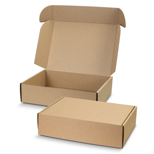 Die Cut Box with Locking Lid - 300x225x75mm - A kraft cardboard die cut box with a locking lid, featuring an open box on top and a closed box underneath.