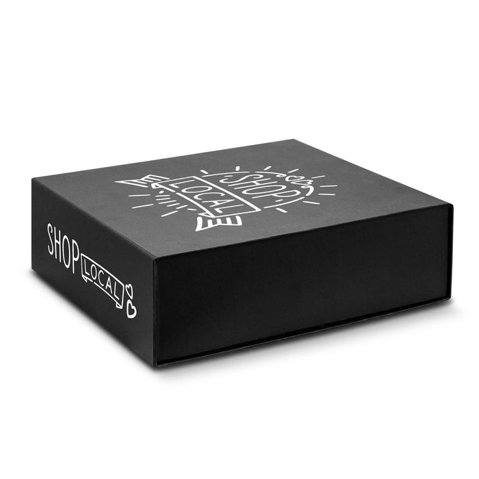 Magnetic Lid Gift Box - Large - A large black gift box with a magnetic lid featuring a design and a logo.