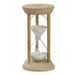 Tempus Bamboo Hourglass - A bamboo hourglass with white sand, featuring a circular base and top, and a logo on the lid.