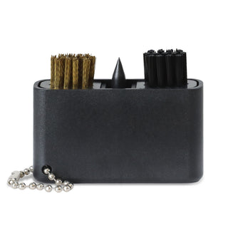 Caddie Golf Club Cleaning Tool - A Caddie Golf Club Cleaning Tool in black, featuring brushes and a spike, attached to a silver chain.