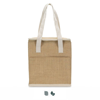 Sabian Lunch Cooler Bag - A tan cooler bag with white handles and a zip top, featuring a front pocket and a logo.