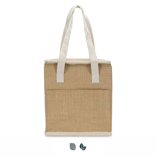 Sabian Lunch Cooler Bag - A tan cooler bag with white handles and a zip top, featuring a front pocket and a logo.