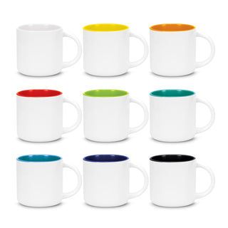 Cora Coffee Mug - A collection of white coffee mugs with various colourful interior shades: yellow, orange, red, green, blue, and black. Each mug has a handle and a logo.