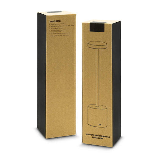 Nouveau Rechargeable Table Lamp - A minimalist packaging design for a Nouveau Rechargeable Table Lamp, featuring a sleek black and natural cardboard finish.