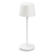 Ember Rechargeable Table Lamp - A white rechargeable table lamp with a rounded shade and a slim base. It features a minimalistic design and a logo.