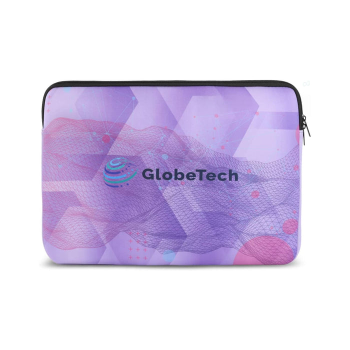 Full Colour Laptop Sleeve - Large - A large laptop sleeve in purple hues features a mesh design and a logo.