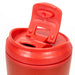 Corsica Coffee Cup - A red coffee cup with a flip-top lid, featuring a tab for easy opening and a logo.