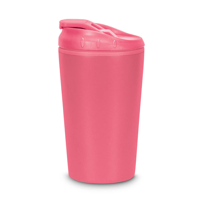 Corsica Coffee Cup - A pink coffee cup with a lid and a smooth finish, featuring a logo on the side.