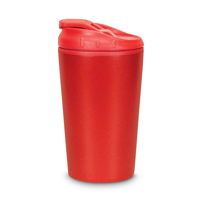 Corsica Coffee Cup - A red coffee cup with a lid and a sleek design, featuring a branding logo on its surface.