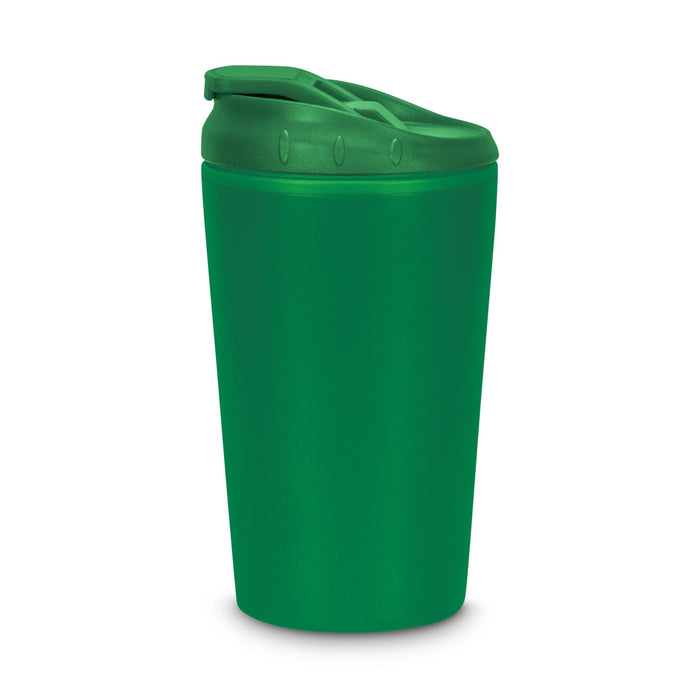 Corsica Coffee Cup - A green coffee cup with a lid and a logo. The cup has a cylindrical shape and smooth surface.