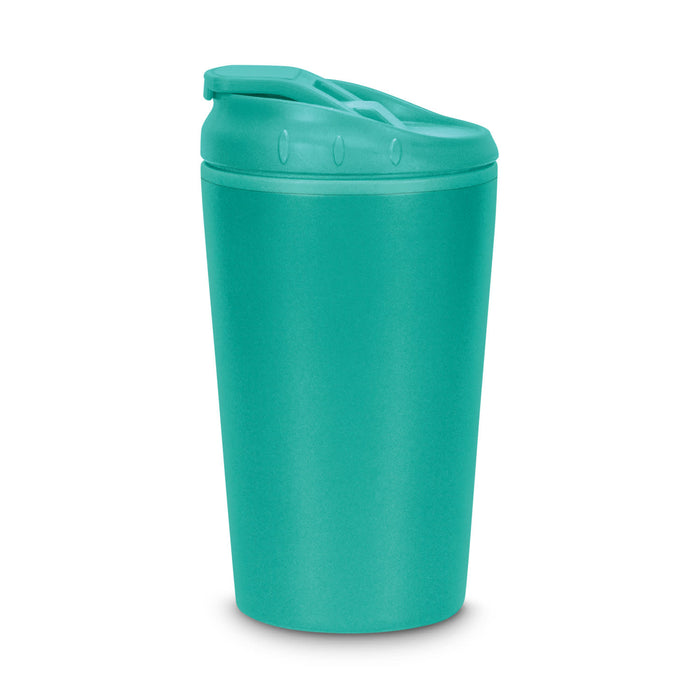 Corsica Coffee Cup - A teal coffee cup with a lid and a curved design, featuring a branding logo.