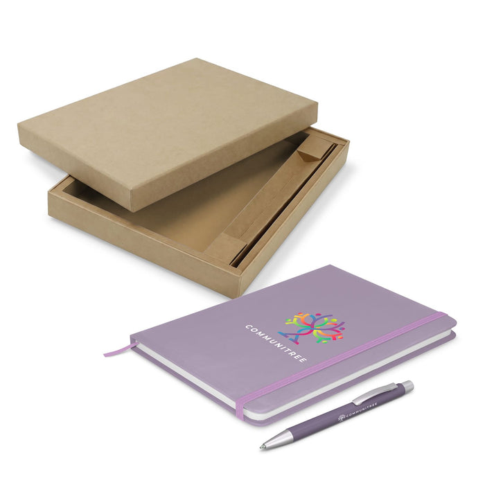 Omega Fashion Notebook and Pen Gift Set - A purple notebook with an elastic closure and a matching pen, showcased in a brown cardboard gift box.
