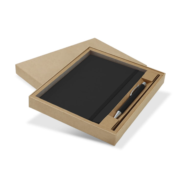 Omega Fashion Notebook and Pen Gift Set - A black notebook and pen gift set presented in a kraft cardboard box with a logo.